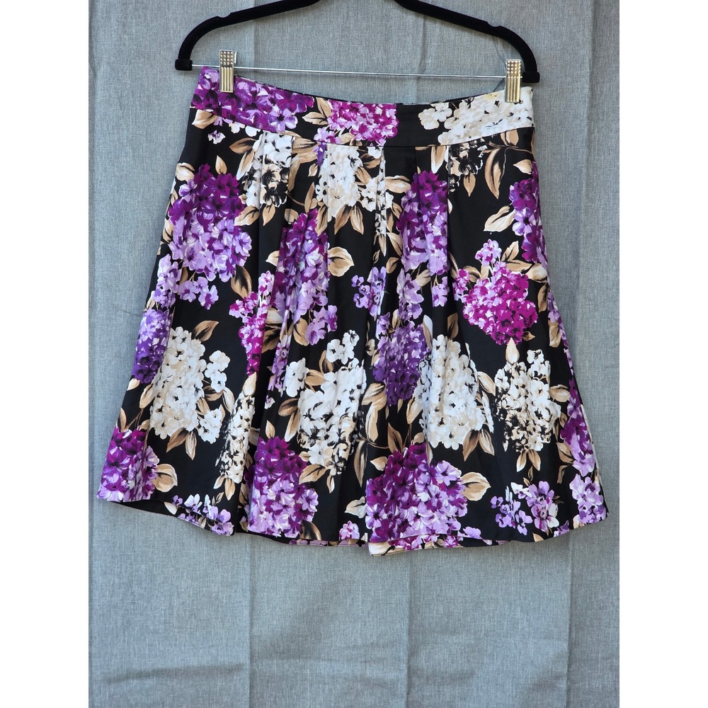 White House Black Market Floral Hydrangea Pleated A-Line Skirt Purple Black 8